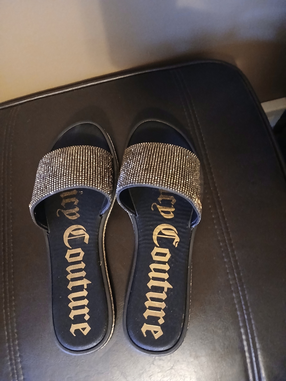 Juicy Couture Black Slides with Gold Rhinestone Strap